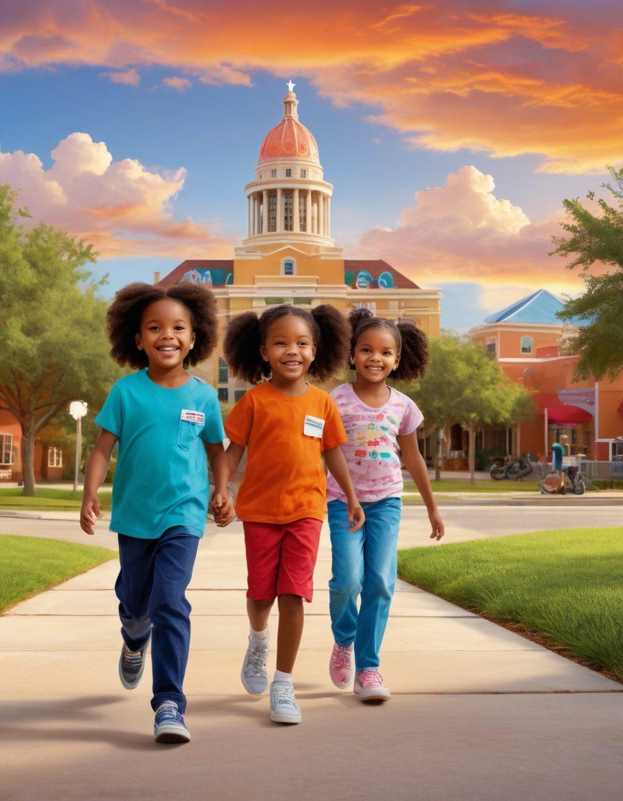 A warm, inviting healthcare setting featuring a diverse group of children playing joyfully with a caring pediatrician nearby, symbolizing empowerment and wellness. In the background, colorful Texas landmarks subtly blend into the scene, promoting a sense of community. Bright, cheerful colors highlight the importance of childhood and healthcare. super-realistic. vibrant colors. 3D.