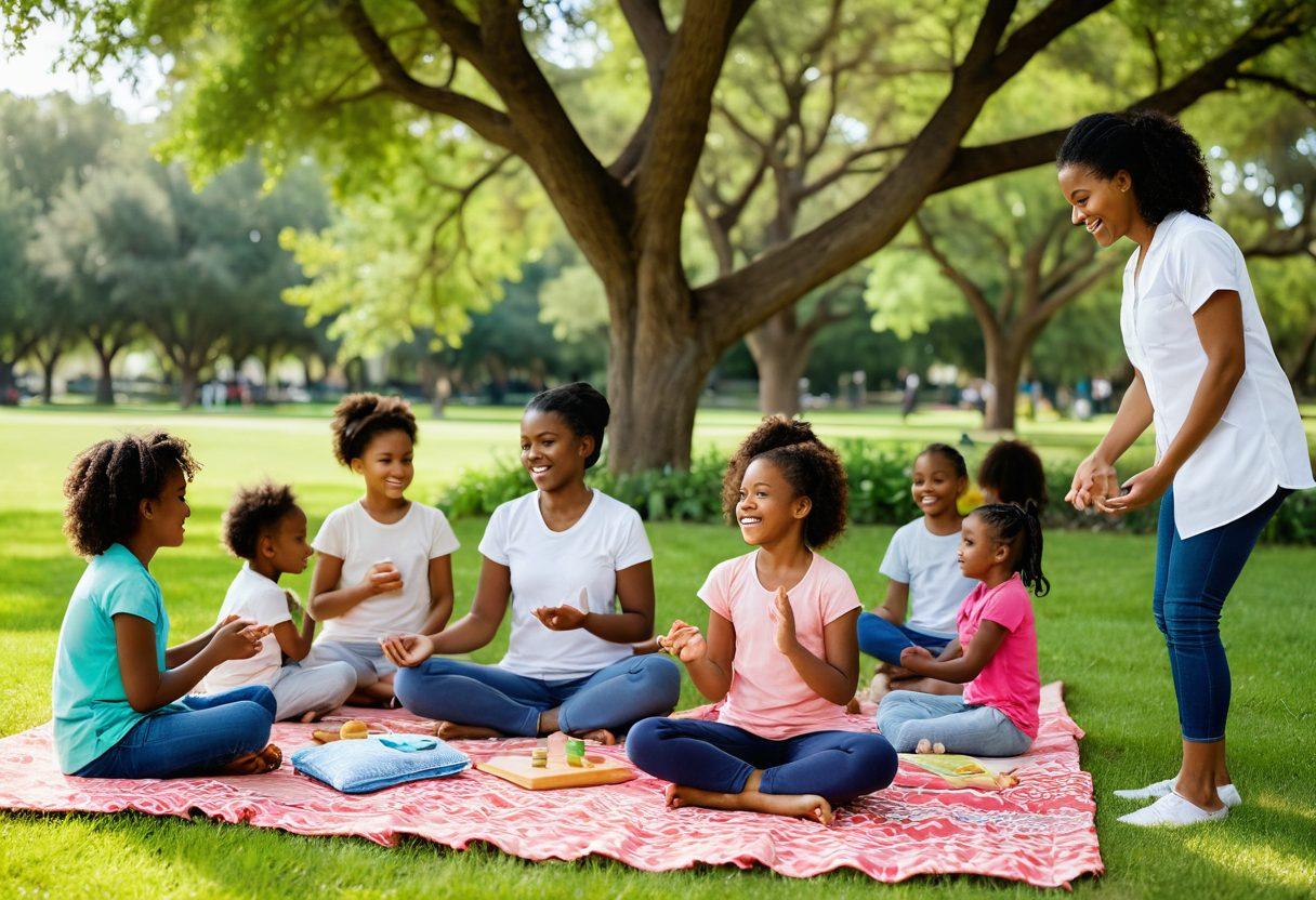 A warm and inviting scene illustrating a diverse group of children playing together in a sunny, lush park in Texas, with a caring pediatrician observing happily. Include elements that represent holistic wellness such as children engaging in yoga, parents reading with them under shady trees, and healthy snacks on picnic blankets. Emphasize a vibrant, community-focused atmosphere with vibrant colors and smiling faces. super-realistic. vibrant colors. outdoor setting.