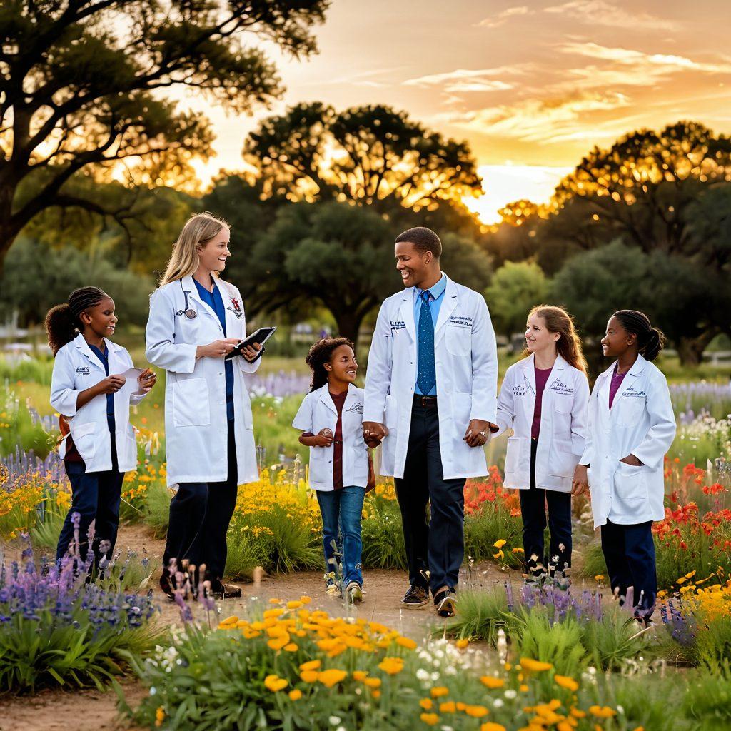A serene Texas landscape featuring a diverse group of pediatricians engaging with children in a park setting. The pediatricians, wearing lab coats and smiles, are discussing health tips with parents while vibrant wildflowers bloom around them. Include a soft sunset in the background to symbolize hope for the future. super-realistic. vibrant colors. soft focus.